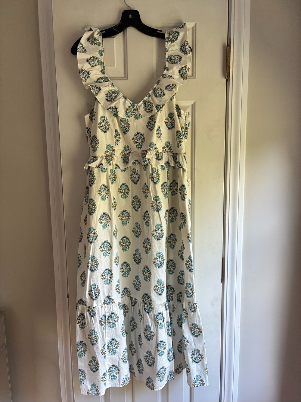 J. Crew Cream Maxi Dress with Teal Floral Medallions